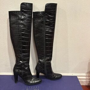 Stuart Weitzman Size 7 Vigor Black Guinea Croco Over the Knee Boots